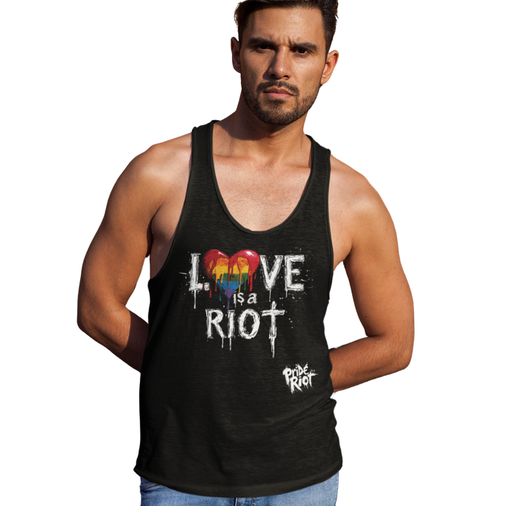 Bleeding Hearts Love is a Riot (Dark) — Tank — worn, PRIDE RIOT®