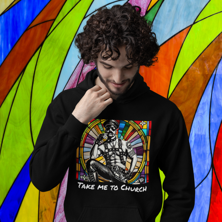 Take Me to Church Hoodie – Queer Punk Leather Daddy Art Sweatshirt | Pride Riot Official LGBTQ+ Gothic Pridewear