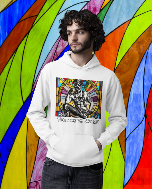 Take Me to Church Hoodie – Queer Punk Leather Daddy Art Sweatshirt | Pride Riot Official LGBTQ+ Gothic Pridewear