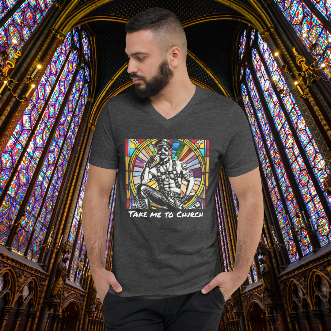Take Me to Church V-Neck T-Shirt – Queer Punk Leather Daddy Tee | Pride Riot Official