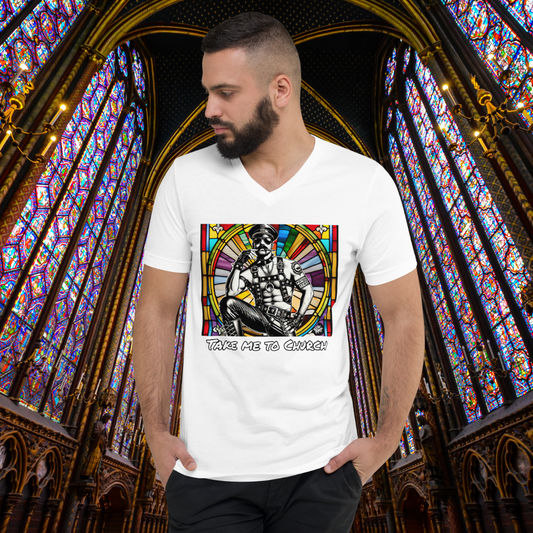 Take Me to Church V-Neck T-Shirt – Queer Punk Leather Daddy Tee | Pride Riot Official