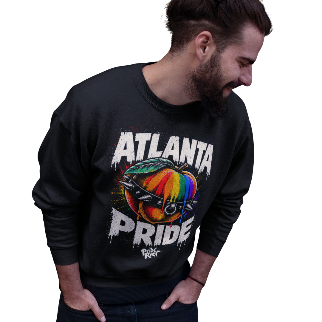 Atlanta Pride sweatshirt in black, worn — rainbow peach in a spiked collar, Pride Riot®