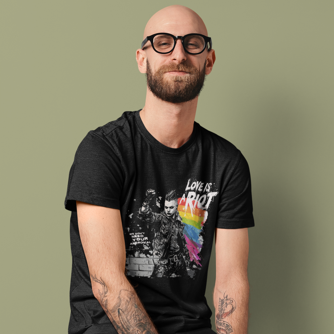 Love Is a Riot – Queer Punk T-Shirt - 2025 Pride (Dark Colors Edition, Bold Rainbow Protest Design)