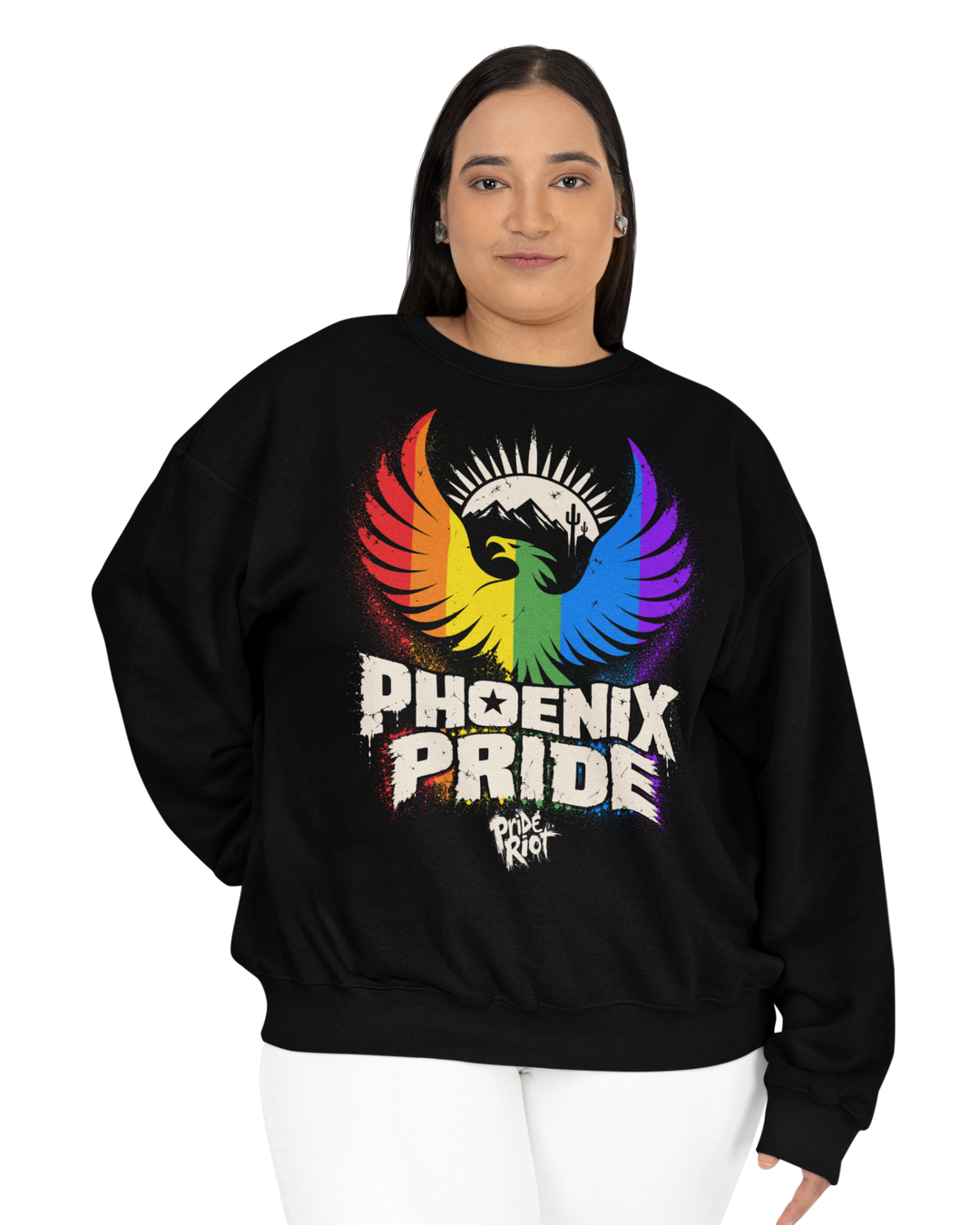 PHX Pride sweatshirt in black, worn, front — rainbow phoenix rising, Pride Riot®