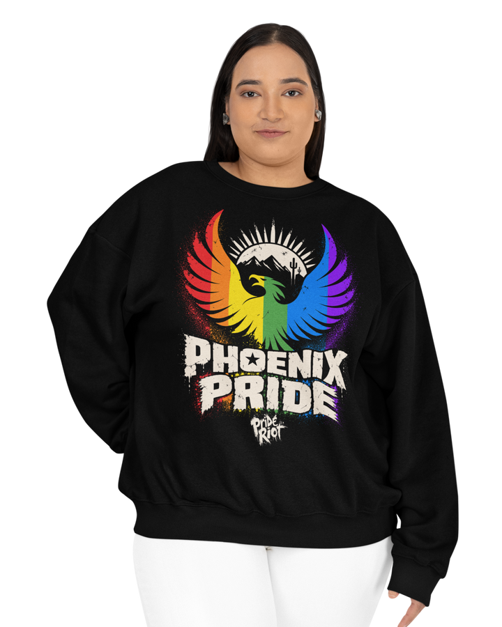PHX Pride sweatshirt in black, worn, front — rainbow phoenix rising, Pride Riot®