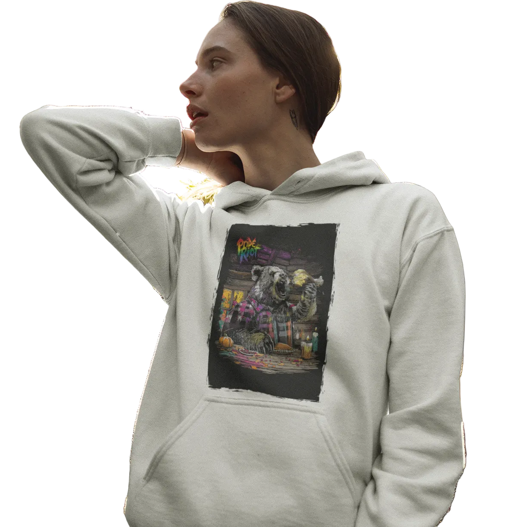 Friendsgiving Bear hoodie — white, worn — Pride Riot