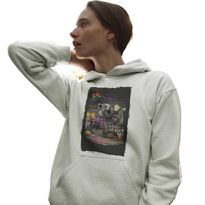 Friendsgiving Bear hoodie — white, worn — Pride Riot