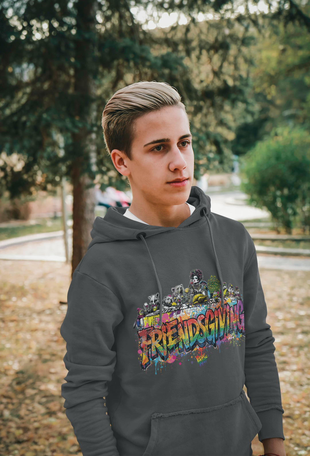 Friendsgiving Royal Feast hoodie — grey, worn — Pride Riot