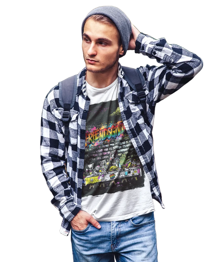 Friendsgiving Wall Feast tee — worn — Pride Riot
