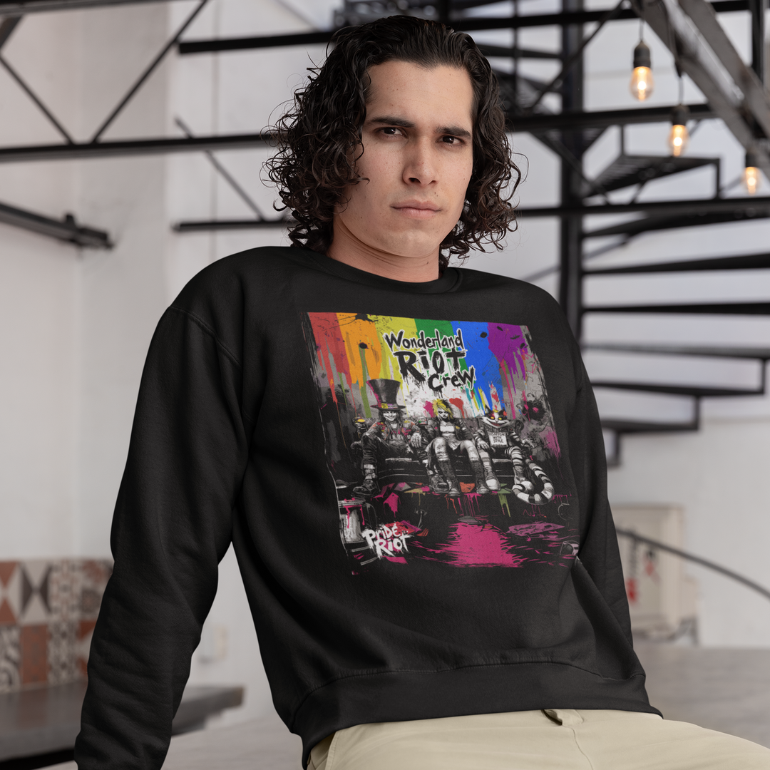 A model wearing the Alice in Anarchy crewneck in Black. The sweatshirt has a classic gender-neutral fit that is relaxed but not oversized.