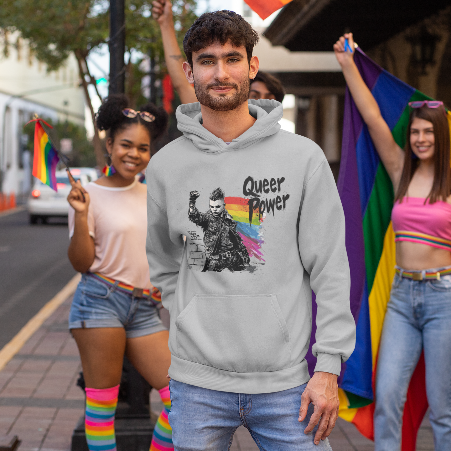 QUEER POWER Hoodie – Light Edition | LGBTQ+ Pride Sweatshirt, Unisex Fit, Punk Streetwear for Protest & Everyday Rebellion