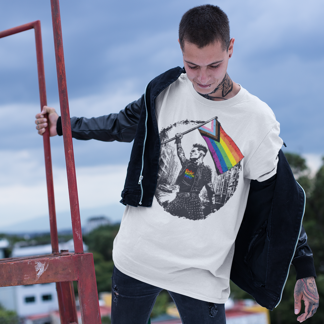 Flagbearer tee with the Progress Pride flag, worn on a rooftop — Pride Riot