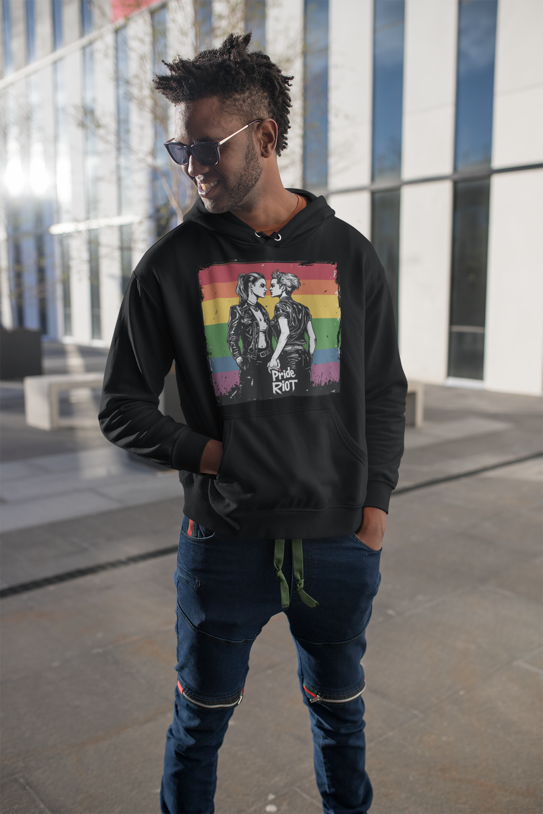 Model wearing the Rebel Lovers hoodie in black - Pride Riot