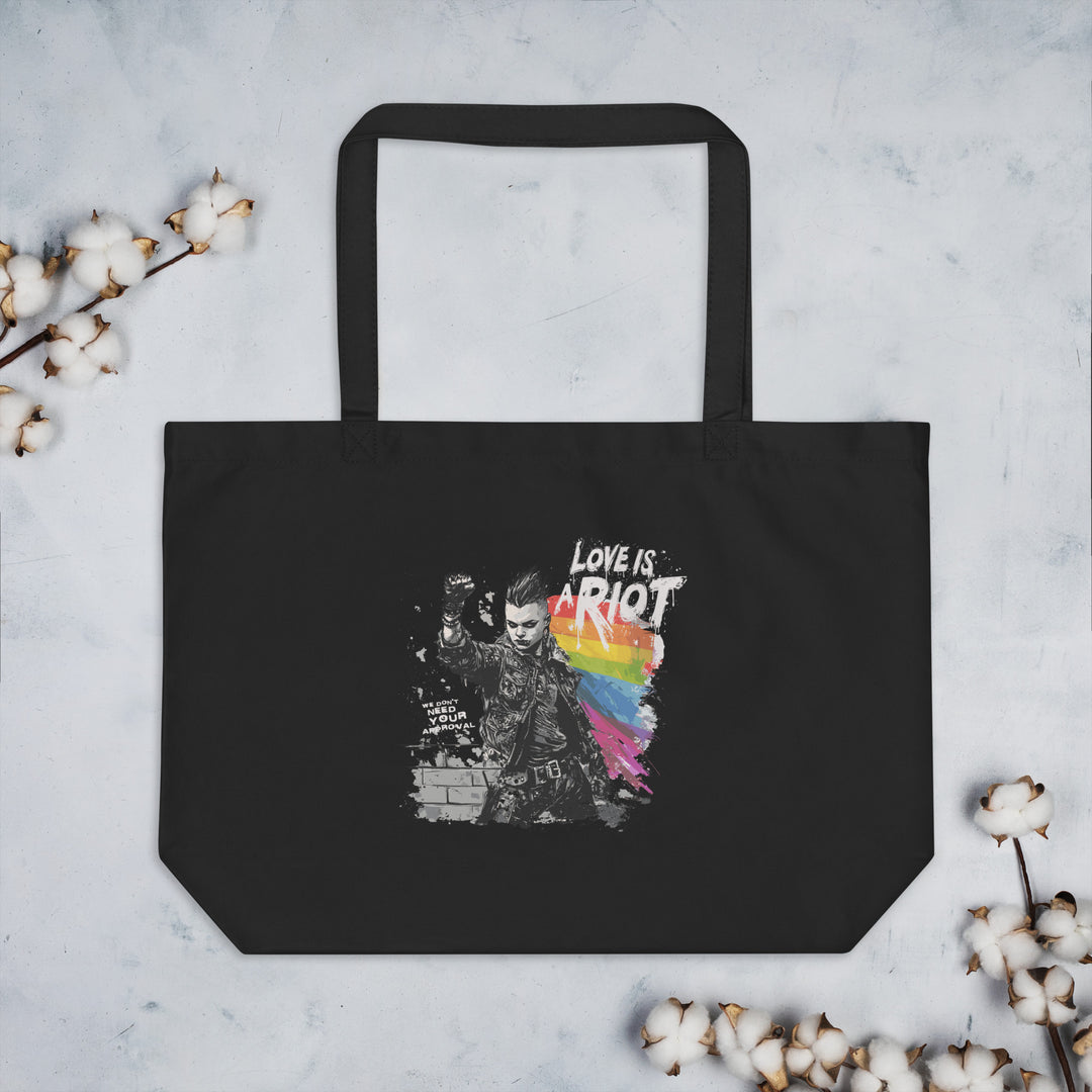 Queer Power / Love Is a Riot – Reversible Black Organic Cotton Tote Bag (Dual-Sided Pride Design, Heavy-Duty 6 Gal)