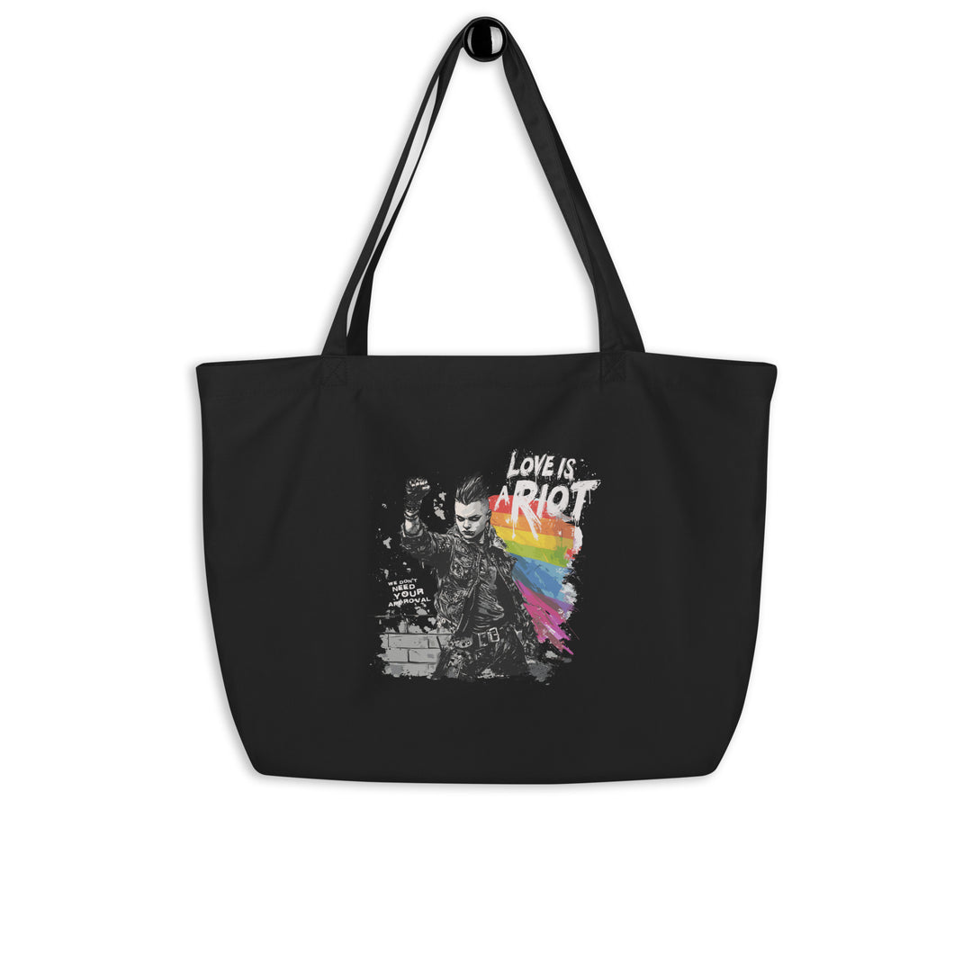 Queer Power / Love Is a Riot – Reversible Black Organic Cotton Tote Bag (Dual-Sided Pride Design, Heavy-Duty 6 Gal)