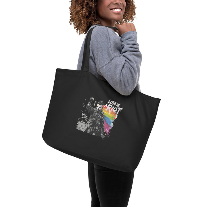 Queer Power / Love Is a Riot – Reversible Black Organic Cotton Tote Bag (Dual-Sided Pride Design, Heavy-Duty 6 Gal)