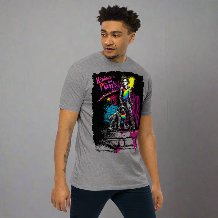 Man wearing a gray t-shirt with a colorful graphic design on a white background