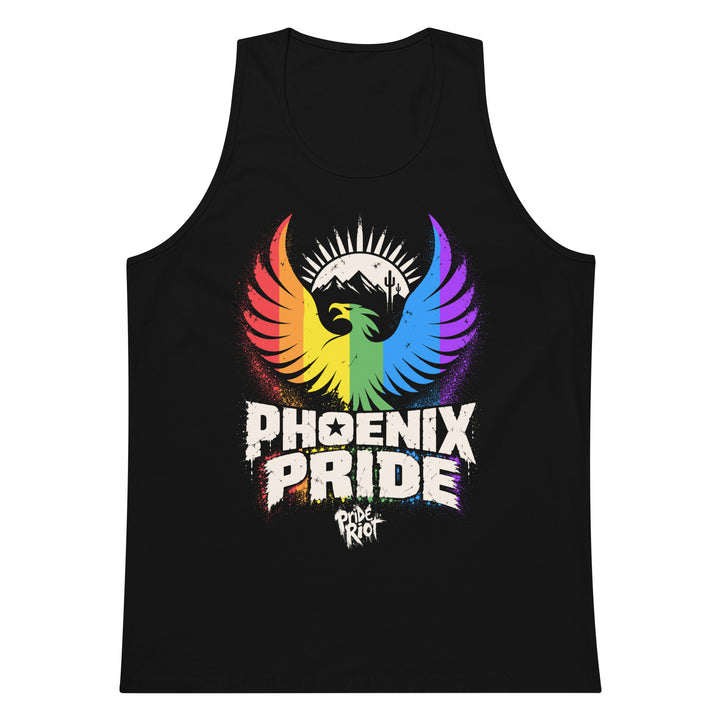 PHX Pride tank in black, front — rainbow phoenix rising, Pride Riot®