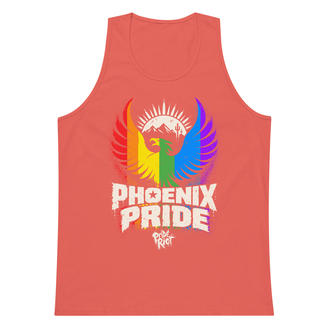 PHX Pride tank in coral, front — PHX Pride season color, rainbow phoenix rising, Pride Riot®