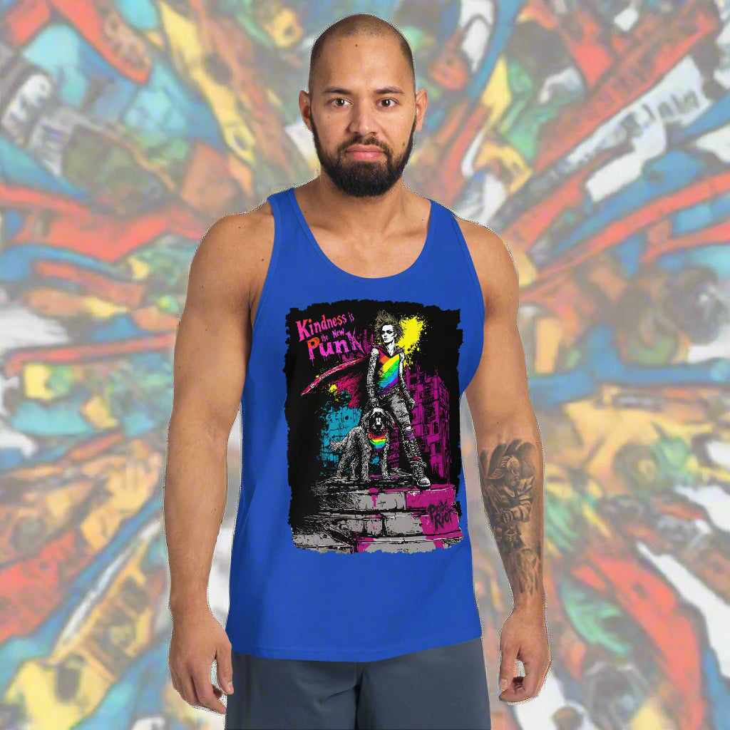 Man wearing a blue tank top with a graphic design on a white background