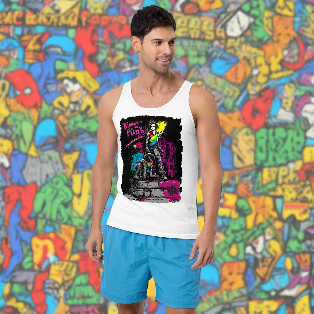 Man wearing a white tank top with colorful graphic design and blue shorts on a white background