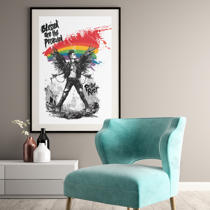Framed Queer Punk Angel Poster with Matte – “Blessed Are the Persecuted” Wall Art