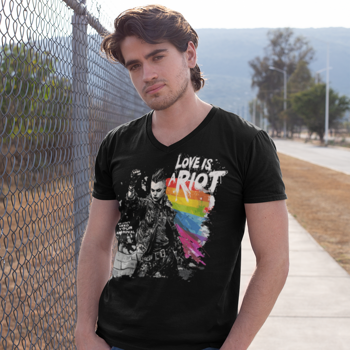 Love Is a Riot – Black V-Neck Pride 2025 Tee (Unisex Fit, LGBTQ+ Punk Style)