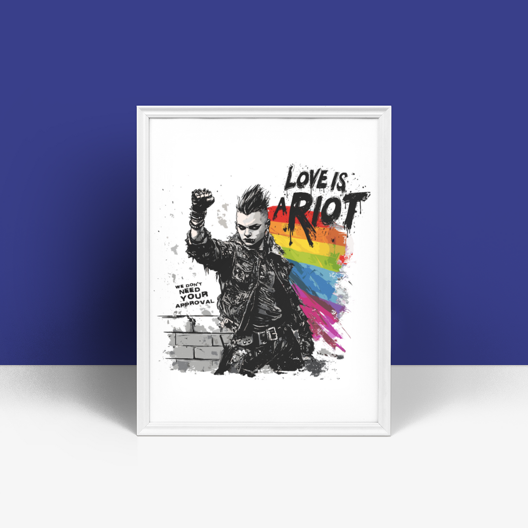 Love Is a Riot – Framed Queer Punk Poster (Rainbow Protest Art, Matte Print)