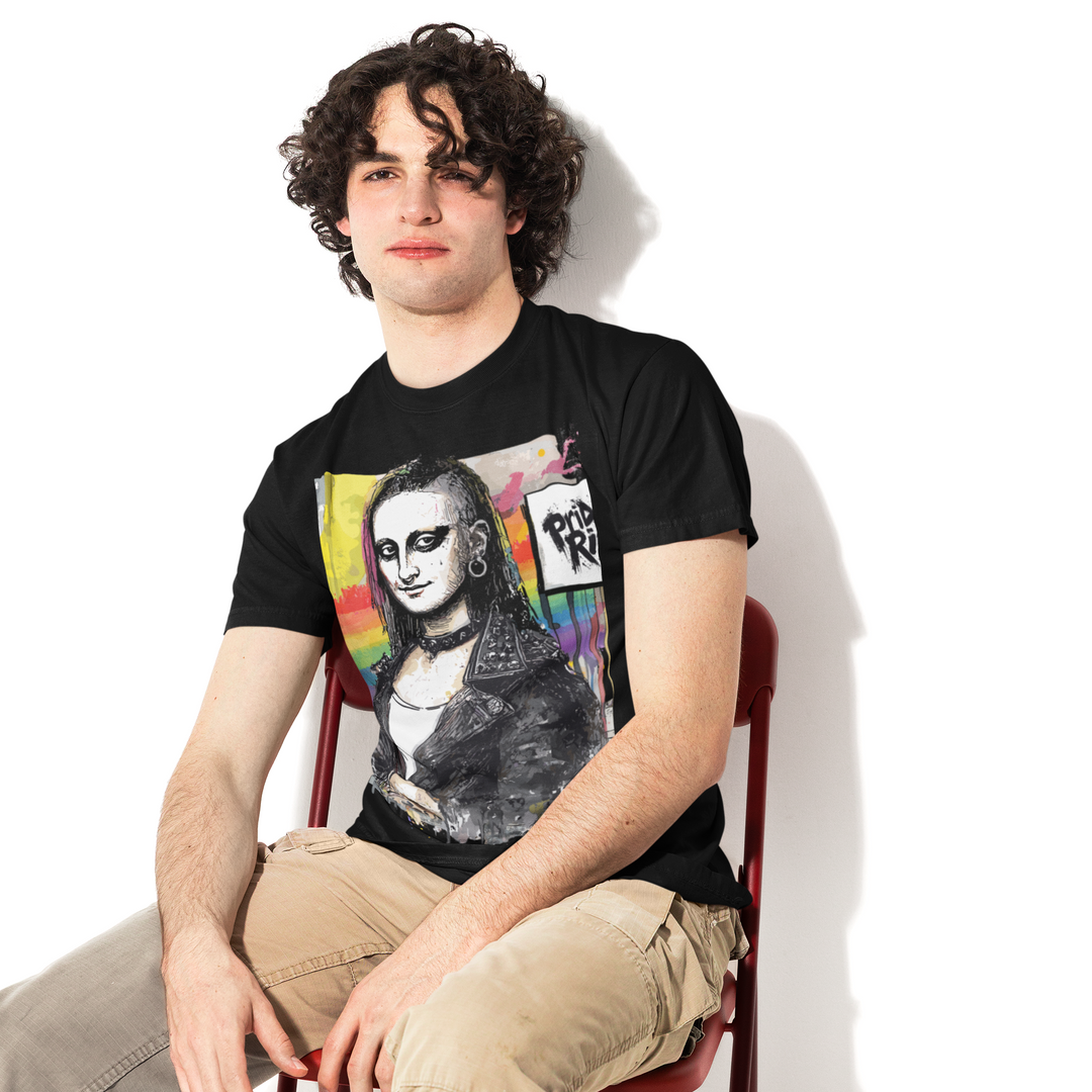 Model wearing a premium, heavyweight  black t-shirt. The shirt features a punk-rock remix of the Mona Lisa, screen-printed with a distressed texture. The fit is boxy and structured, typical of high-end streetwear, with a high ribbed collar and vintage wash finish.
