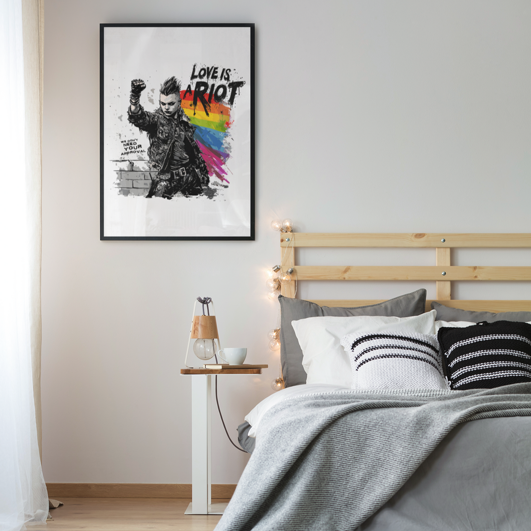 Love Is a Riot – Framed Queer Punk Poster (Rainbow Protest Art, Matte Print)
