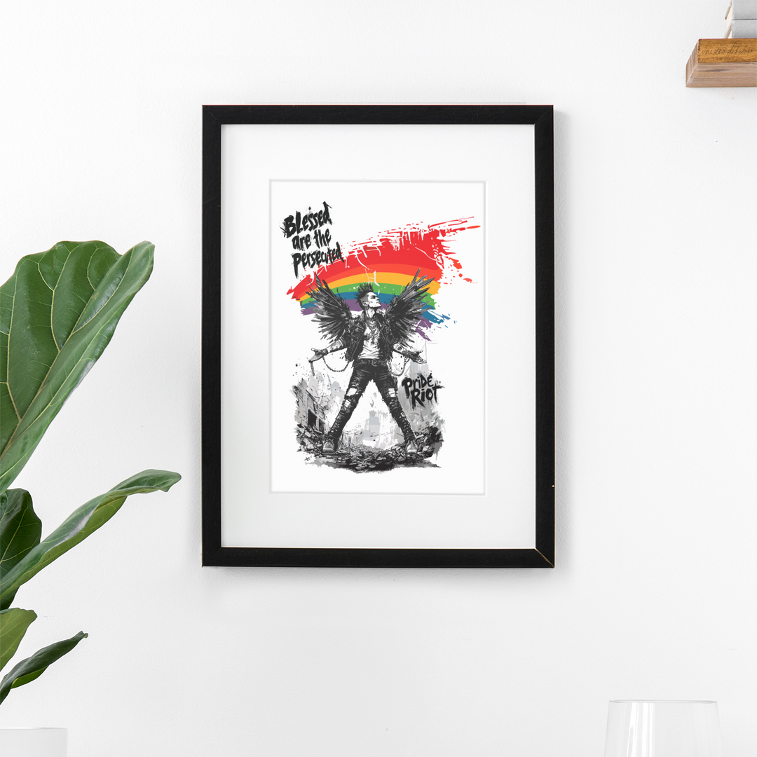 Framed Queer Punk Angel Poster with Matte – “Blessed Are the Persecuted” Wall Art