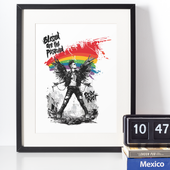 Framed Queer Punk Angel Poster with Matte – “Blessed Are the Persecuted” Wall Art