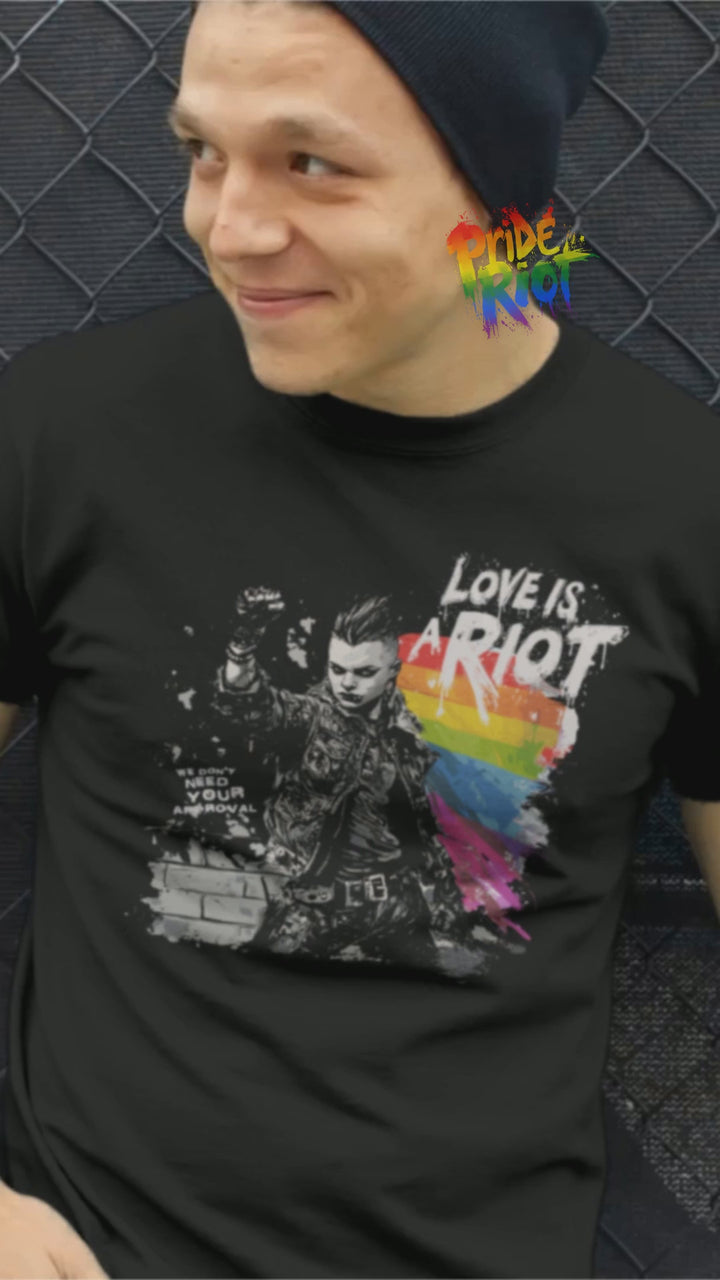 Love is a Riot tee on a model — PRIDE RIOT® reel