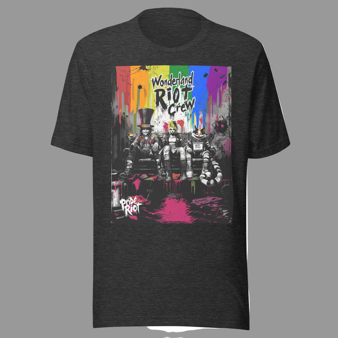 Front view of a black Bella + Canvas 3001 t-shirt featuring a distorted, punk-rock Alice in Wonderland graphic. 