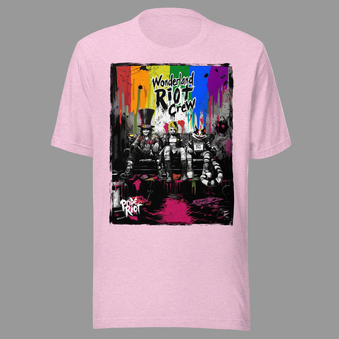 Front view of a black Bella + Canvas 3001 t-shirt featuring a distorted, punk-rock Alice in Wonderland graphic