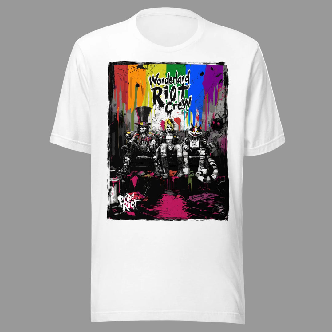 Front view of a black Bella + Canvas 3001 t-shirt featuring a distorted, punk-rock Alice in Wonderland graphic