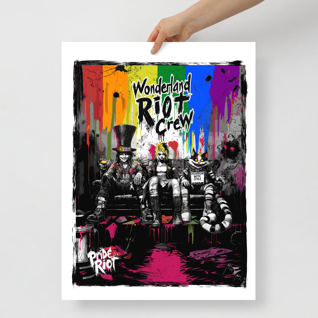 Front view of the Alice in Anarchy poster featuring a distorted, punk-rock Alice graphic. The image has a glitch effect with neon cyan and magenta accents against a dark background.