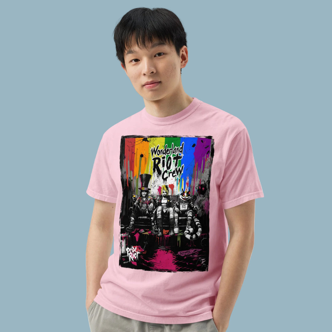 A model wearing the Premium Alice Tee in Orchid (Lilac) with baggy jeans. The heavyweight fabric creates a boxy, structured silhouette that hides body curves and binder lines, demonstrating the gender-neutral fit.