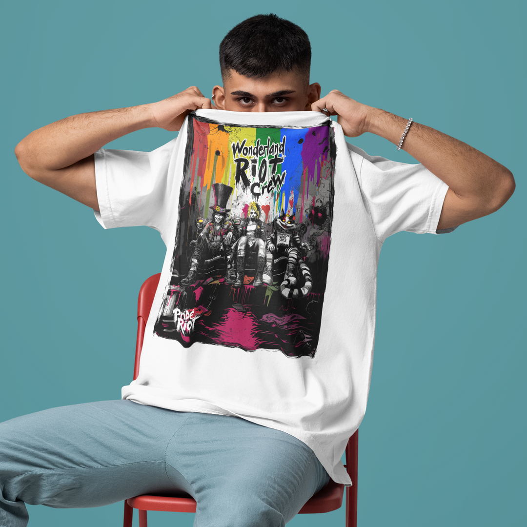 Front view of the Alice in Anarchy premium heavyweight tee in vintage Pepper black. The shirt features a high-contrast punk Alice graphic. The fabric looks thick and structured, hanging straight without clinging.