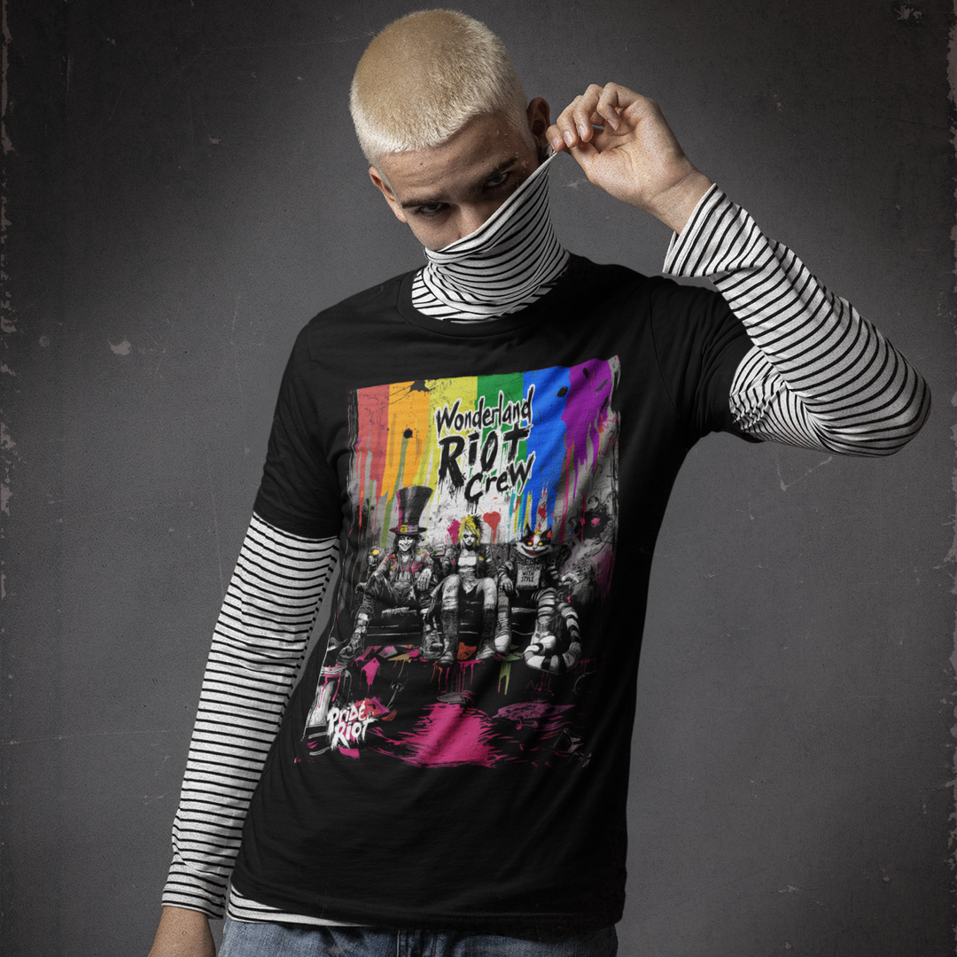 Front view of the Alice in Anarchy premium heavyweight hoodie in Void Black. The chest features a large, distorted punk Alice graphic in neon and white. The hoodie looks thick and structured.