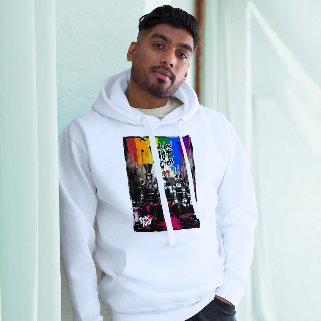 Front view of the Alice in Anarchy premium heavyweight hoodie in white. The chest features a large, distorted punk Alice graphic in neon and white. The hoodie looks thick and structured.