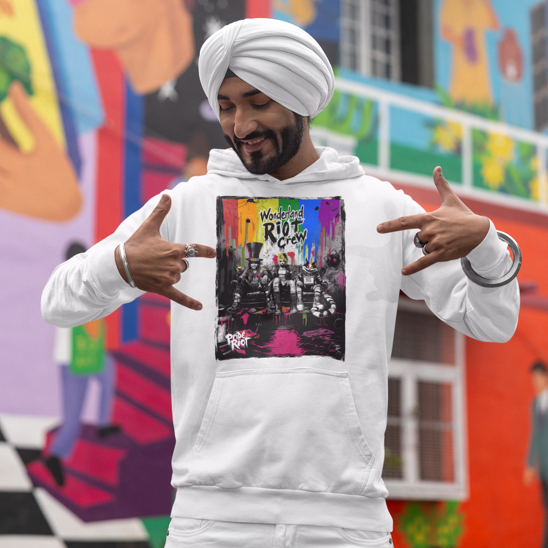 Front view of the Alice in Anarchy standard hoodie in Black. The chest features the distorted punk Alice graphic. The hoodie has a classic fit with a front pouch pocket.