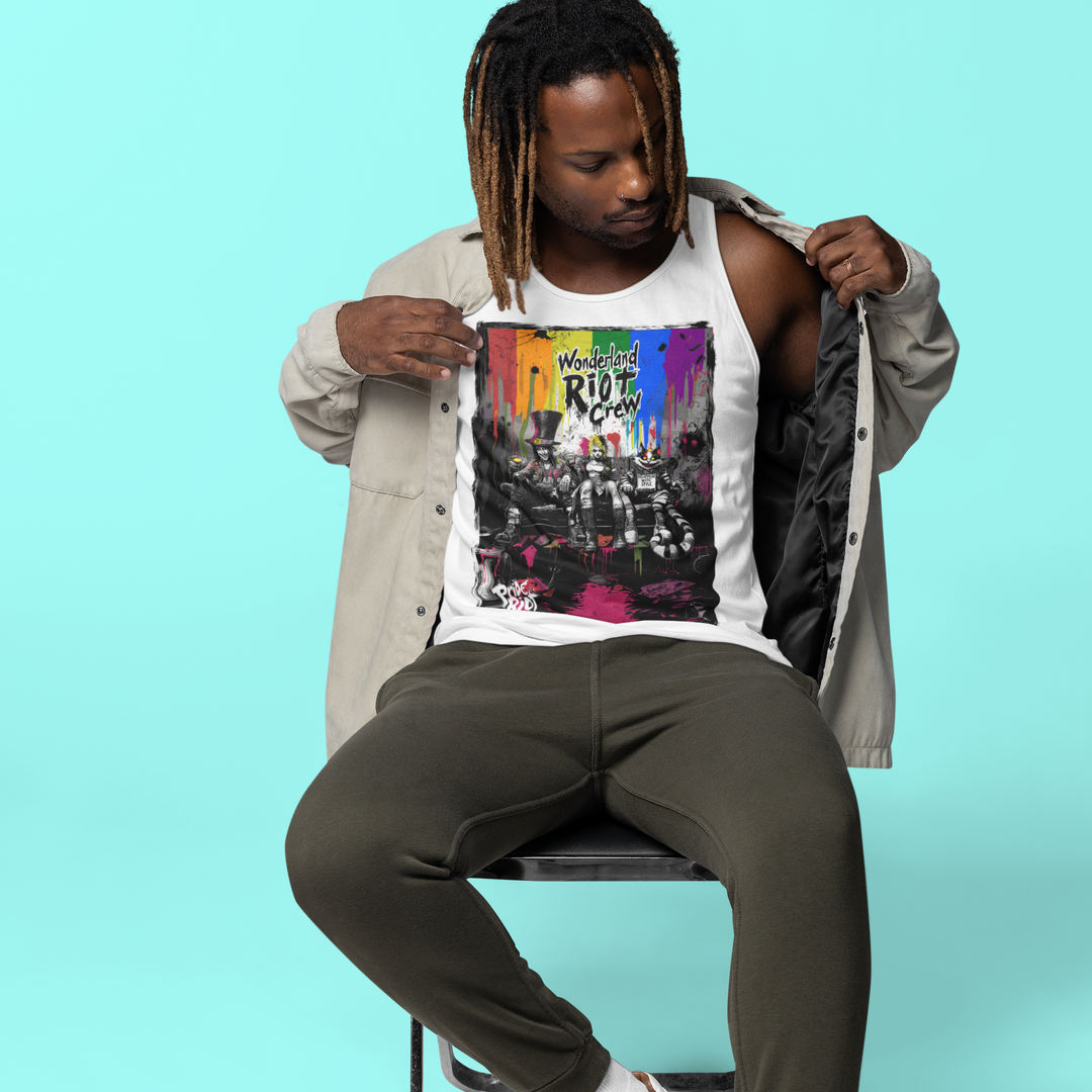 Front view of the Alice in Anarchy standard tank top in white, featuring the distorted punk Alice graphic.