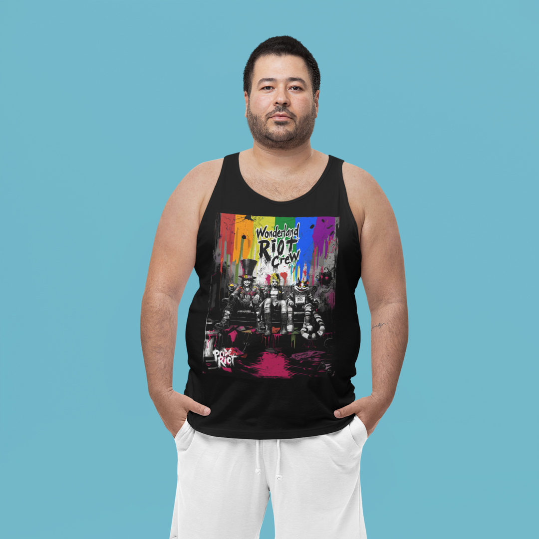 Model wearing the Alice in Anarchy tank, showing the relaxed gender-neutral fit.