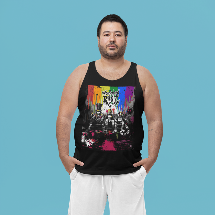 Model wearing the Alice in Anarchy tank, showing the relaxed gender-neutral fit.