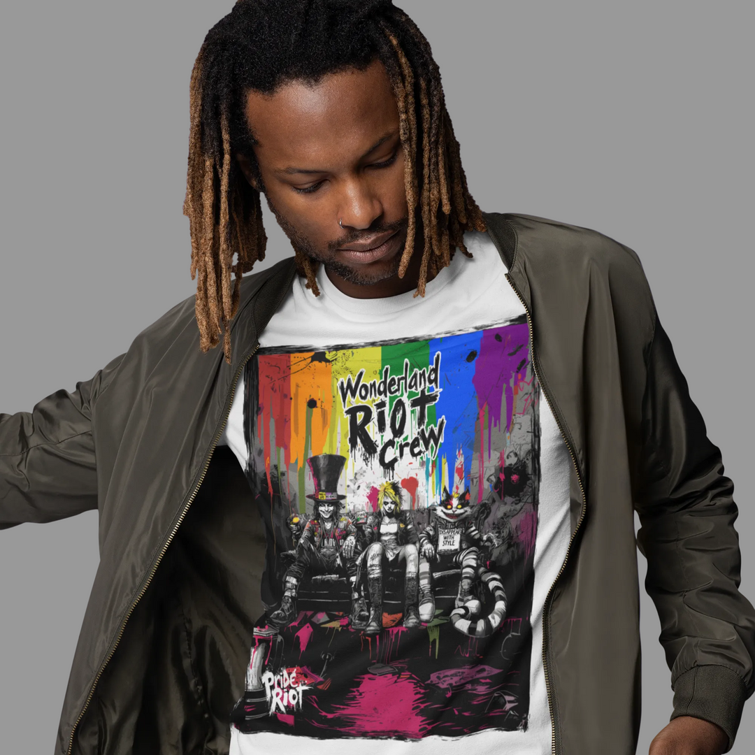 A wearing the Alice in Anarchy tee in White. The shirt features a relaxed, gender-neutral retail fit that accommodates the hips without clinging