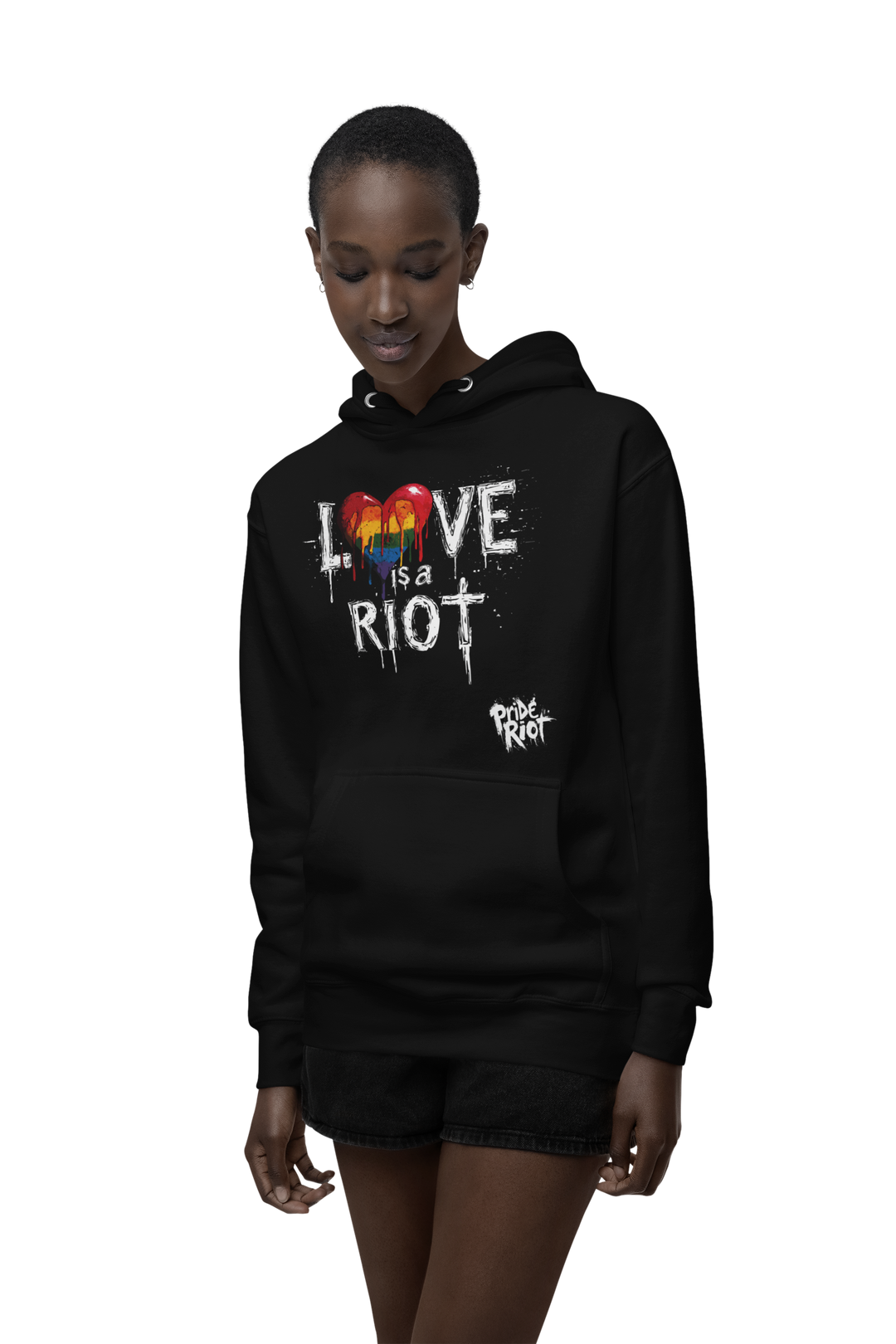 Bleeding Hearts Love is a Riot (Dark) hoodie worn by a model — Pride Riot