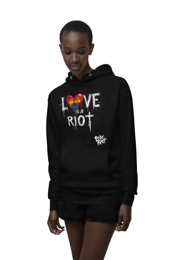 Bleeding Hearts Love is a Riot (Dark) hoodie worn by a model — Pride Riot