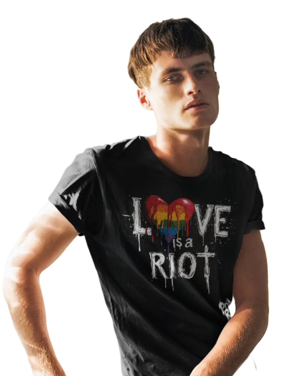 Bleeding Hearts Love is a Riot (Dark) tee worn by a model — Pride Riot