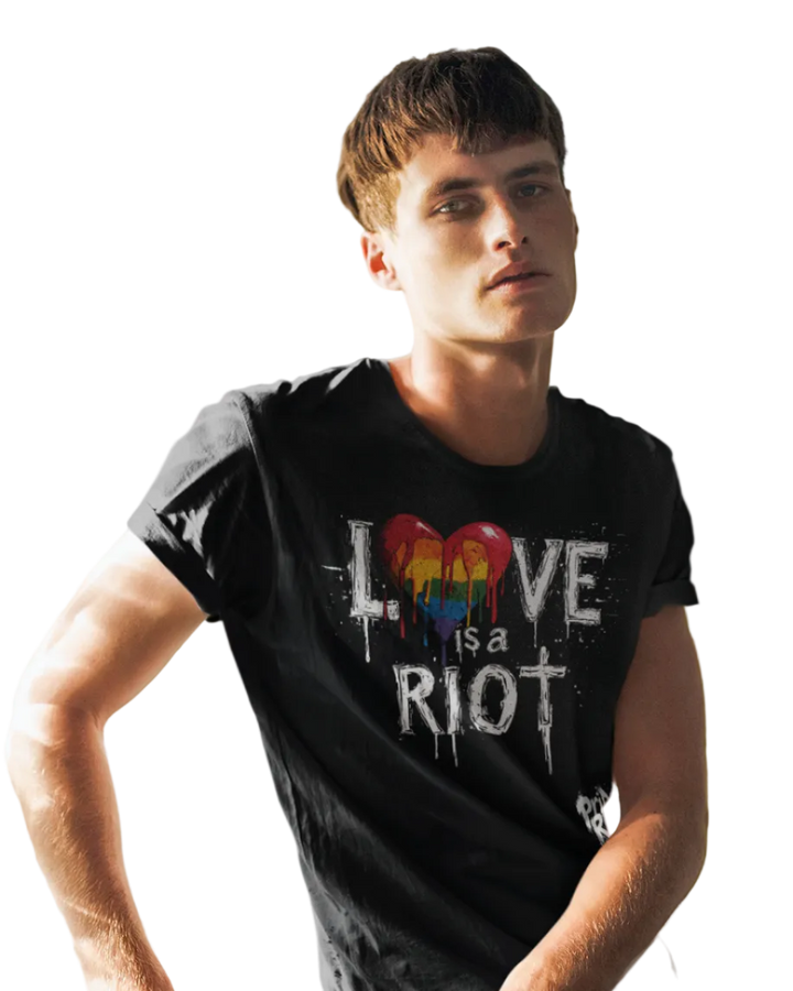 Bleeding Hearts Love is a Riot (Dark) tee worn by a model — Pride Riot